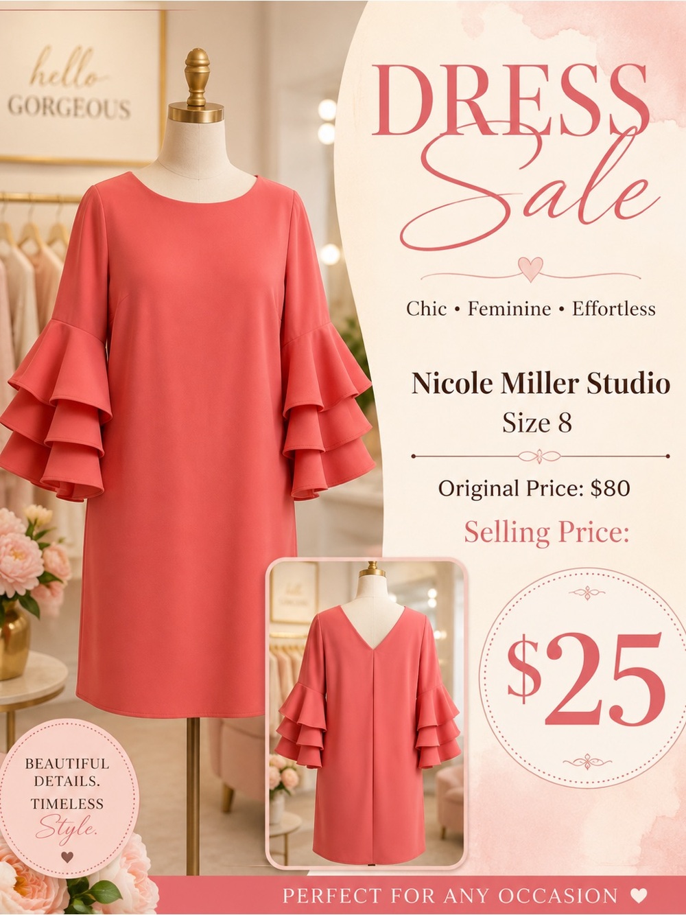 Nicole Miller Coral Tiered-Ruffle Sleeve Shift Dress